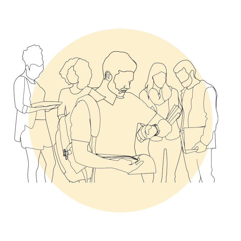 Line art rendering of a group of college students.